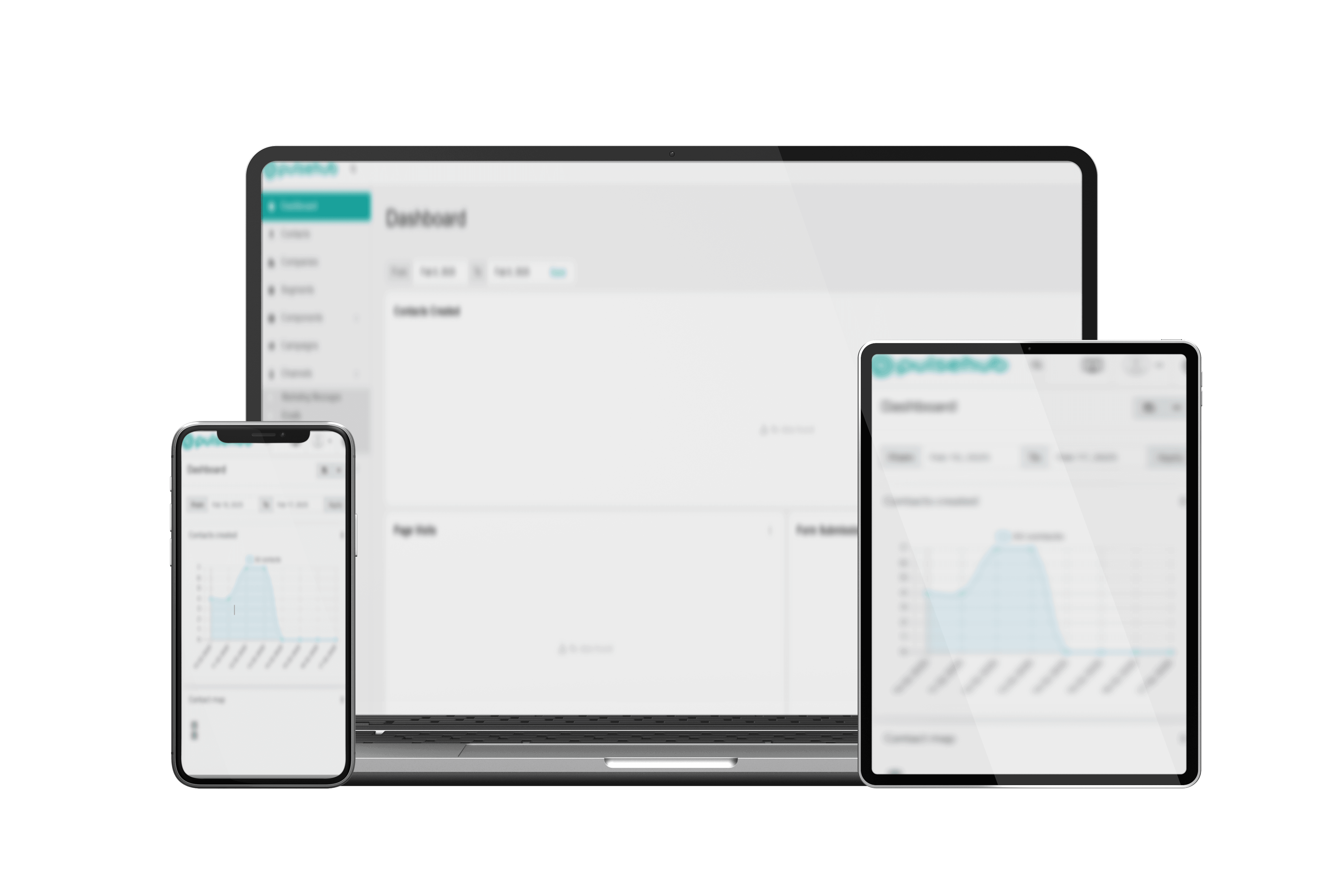 Pulsehub marketing dashboard shown on laptop, tablet, and phone